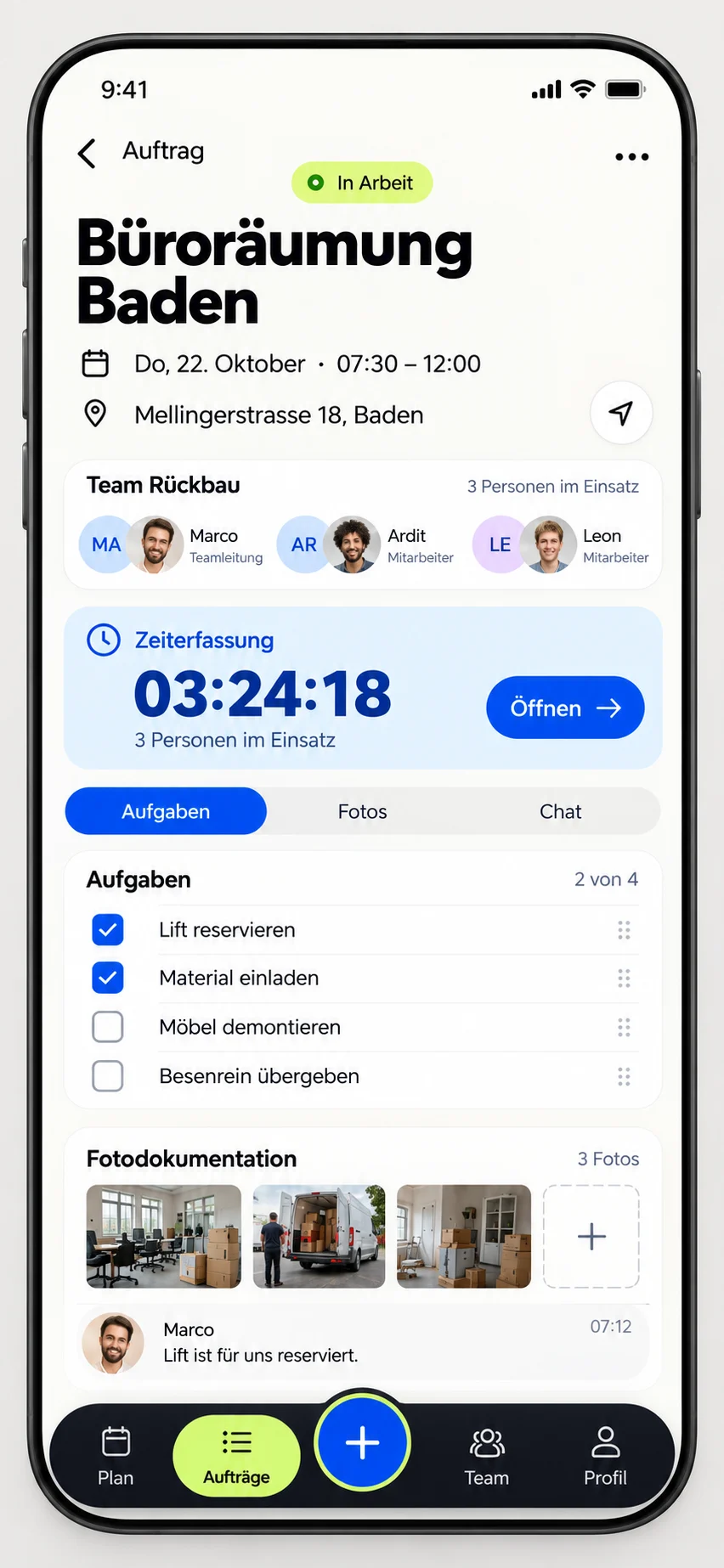 App-Mockup: Auftrag Büroräumung Baden mit Team und Aufgaben