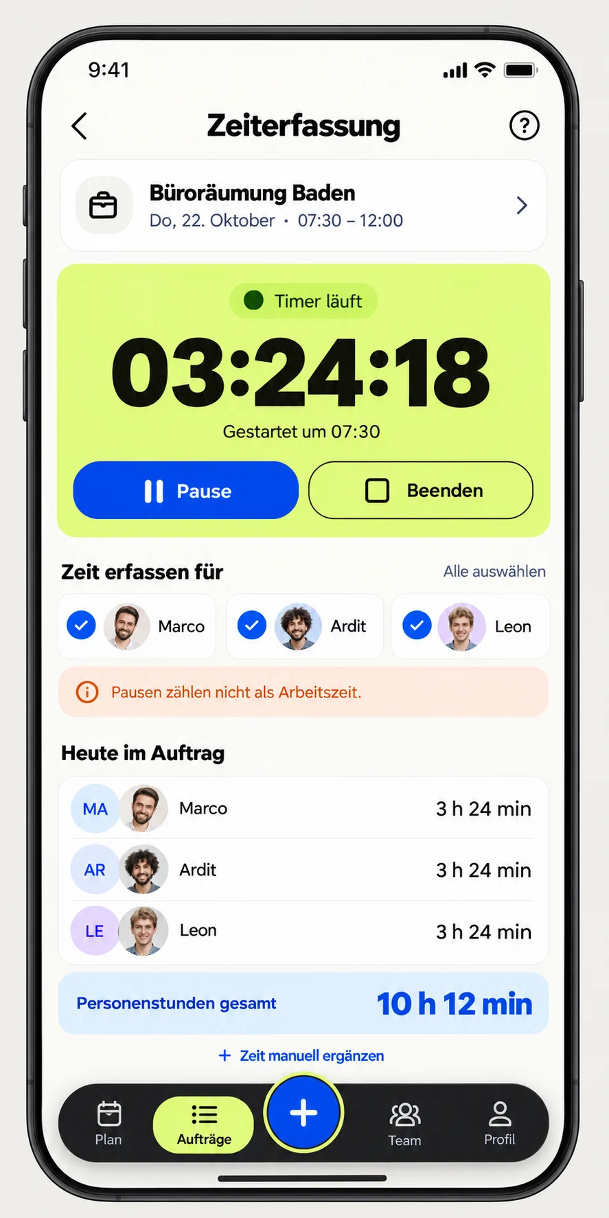 App-Mockup: Zeiterfassung für einen Auftrag